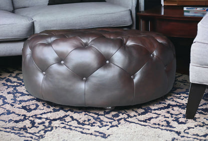 41" Brown Genuine Leather And Dark Brown Tufted Round Ottoman