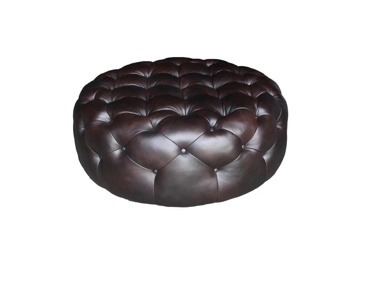 41" Brown Genuine Leather And Dark Brown Tufted Round Ottoman