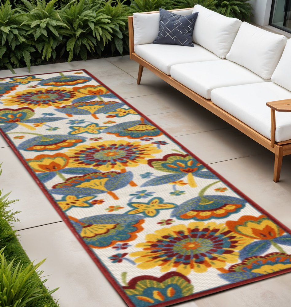 10' Blue And Yellow Indoor Outdoor Runner Rug