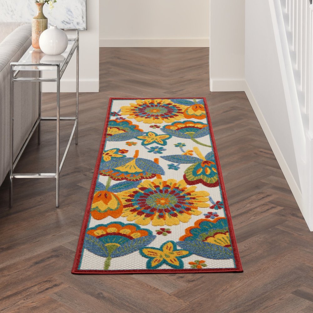 8' Yellow And Red Indoor Outdoor Runner Rug