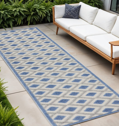 10' Blue And Gray Indoor Outdoor Runner Rug