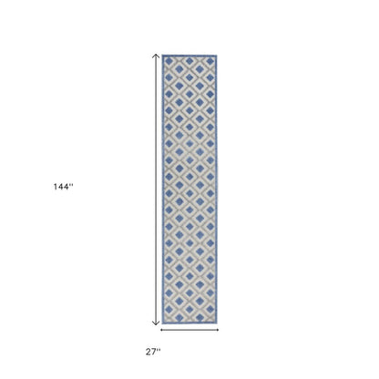 12' Blue And Gray Indoor Outdoor Runner Rug