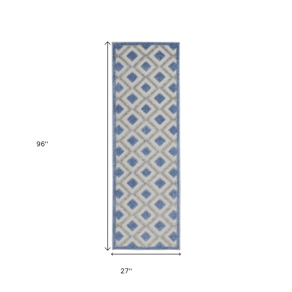 8' Blue And Gray Indoor Outdoor Runner Rug