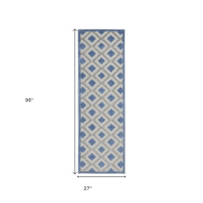8' Blue And Gray Indoor Outdoor Runner Rug