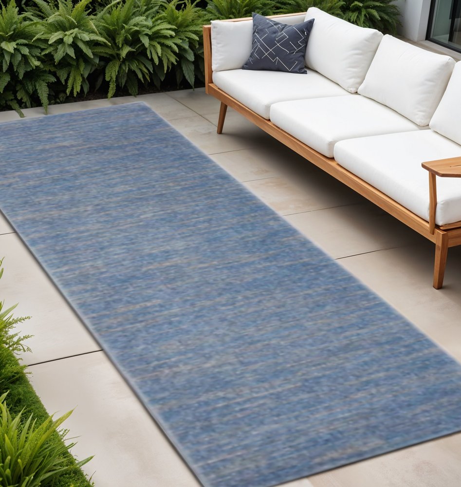 10' Blue And Gray Abstract Striped Indoor Outdoor Runner Rug