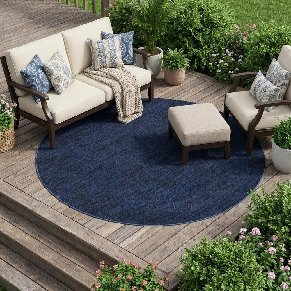 8' Midnight Blue Round Stain Resistant Indoor Outdoor Area Rug