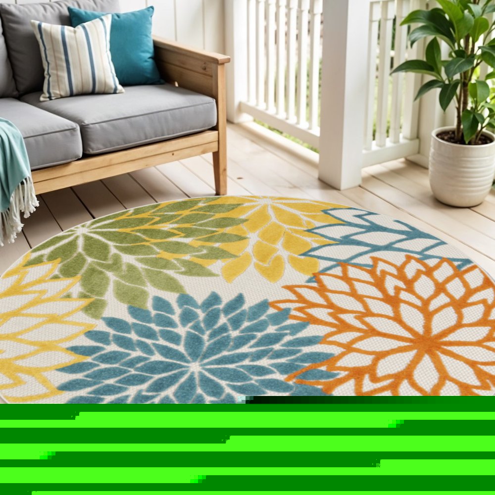 4' Blue And Yellow Round Indoor Outdoor Area Rug