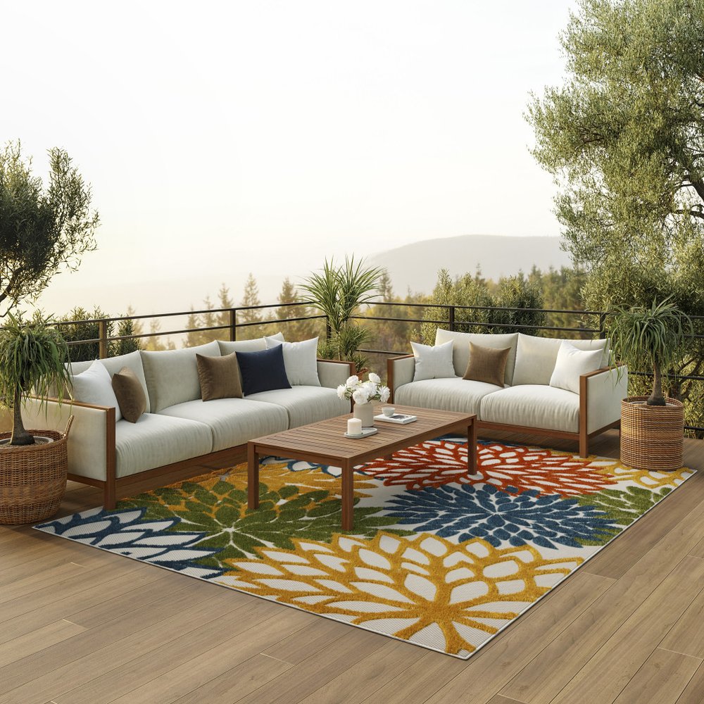 7' X 10' Blue And Yellow Indoor Outdoor Area Rug