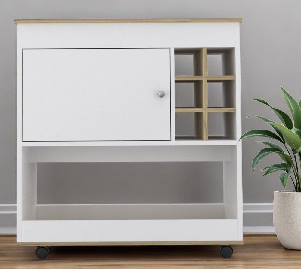 Brown and White Rolling Bar Cart With Wine Storage