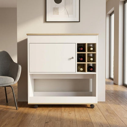 Brown and White Rolling Bar Cart With Wine Storage