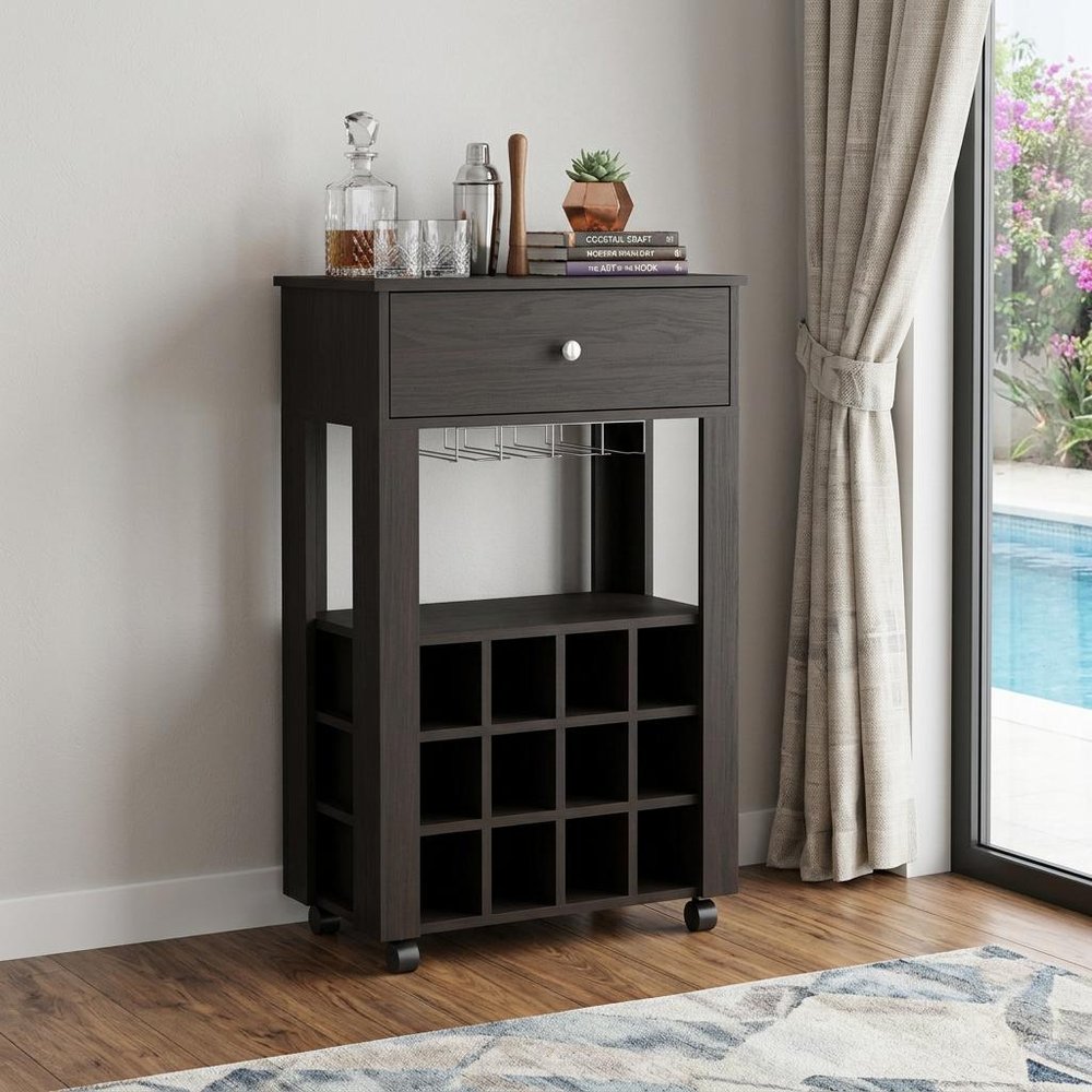 Black Rolling Bar Cart With Wine Storage