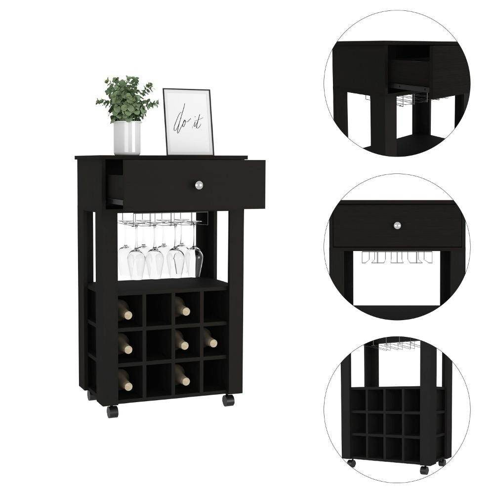 Black Rolling Bar Cart With Wine Storage
