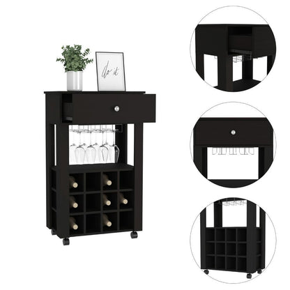 Black Rolling Bar Cart With Wine Storage