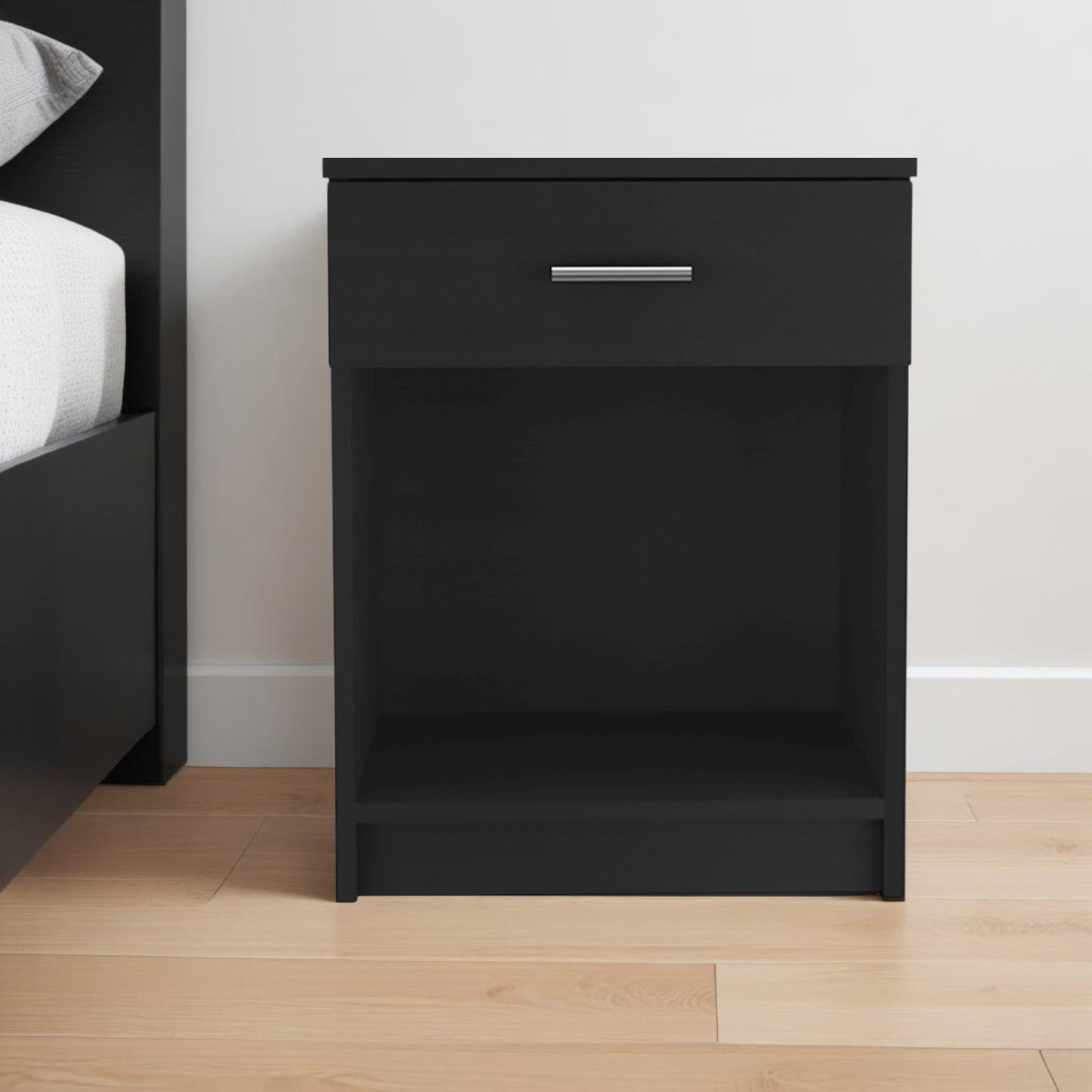 22" Black One Drawer Faux Wood Nightstand