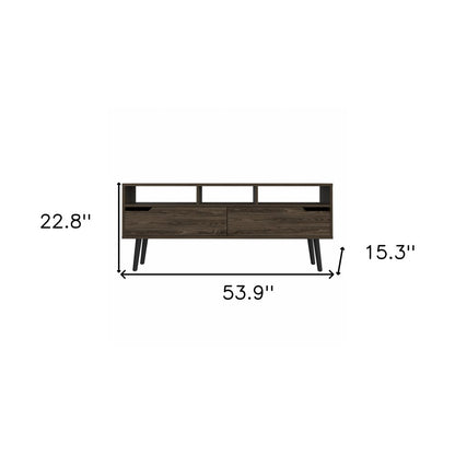 54" Dark Brown Walnut Enclosed and Open Storage TV Stand