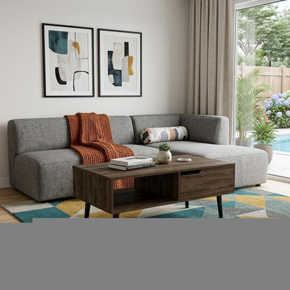 40" Brown And Black Coffee Table With Drawer And Shelf