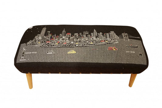 38" Gray Wool and Brown Ottoman