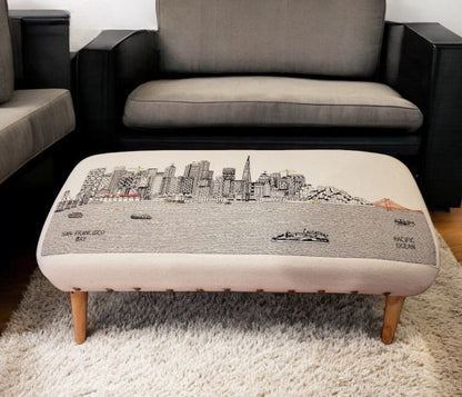 38" Cream Wool and Brown Ottoman