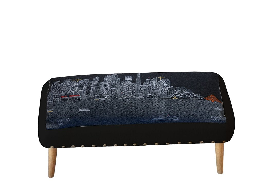 38" Gray Wool and Brown Ottoman