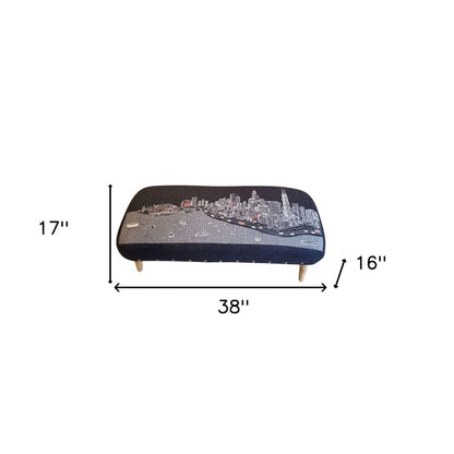 38" Gray Wool and Brown Ottoman