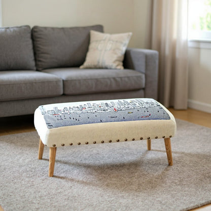 38" Cream Wool and Brown Ottoman