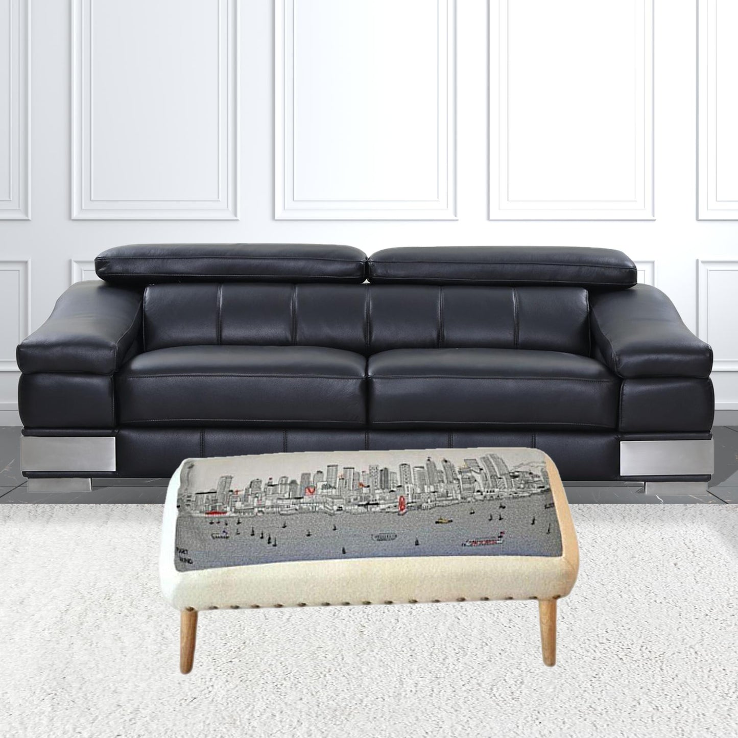 38" Cream Wool And Brown Ottoman