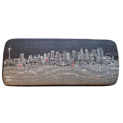 38" Gray Wool and Brown Ottoman