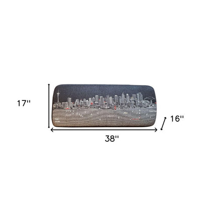 38" Gray Wool and Brown Ottoman
