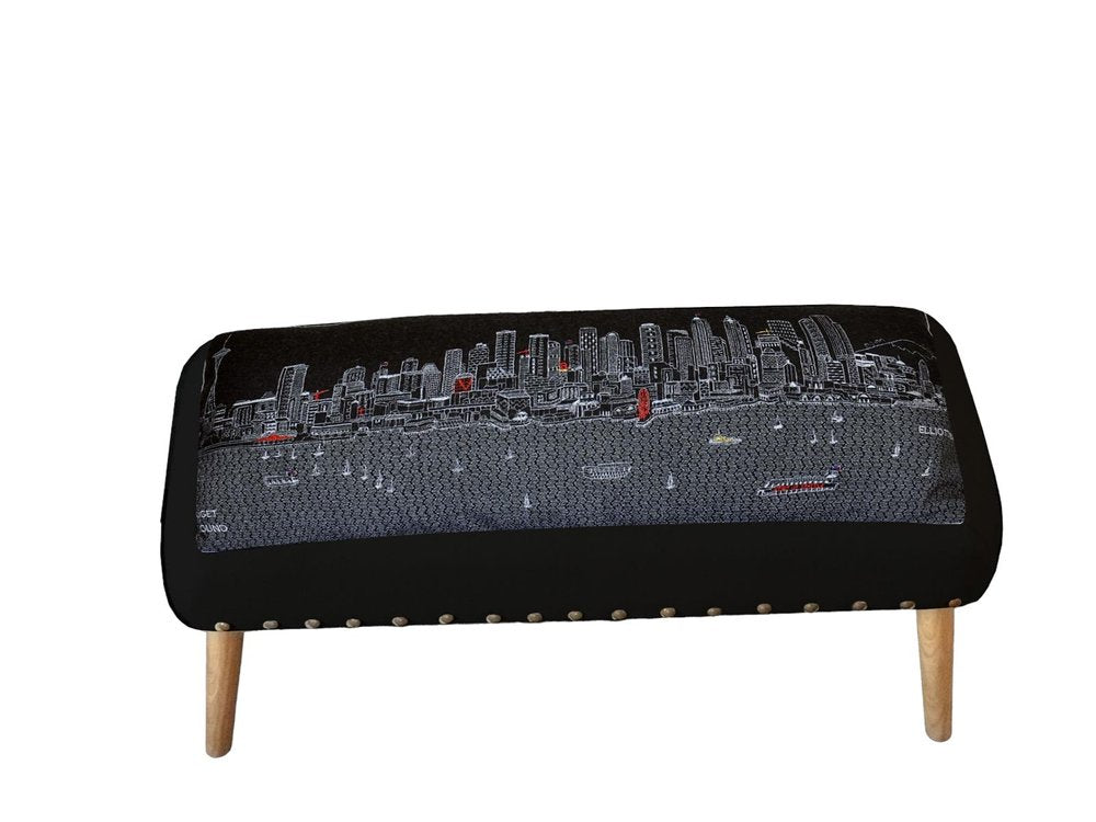 38" Gray Wool and Brown Ottoman