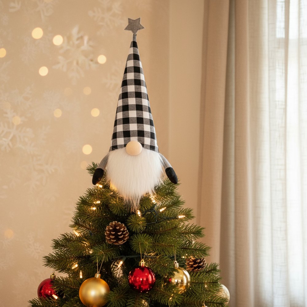 27" Black And White Felt And Faux Fur Gnome Adjustable Height Tree Topper