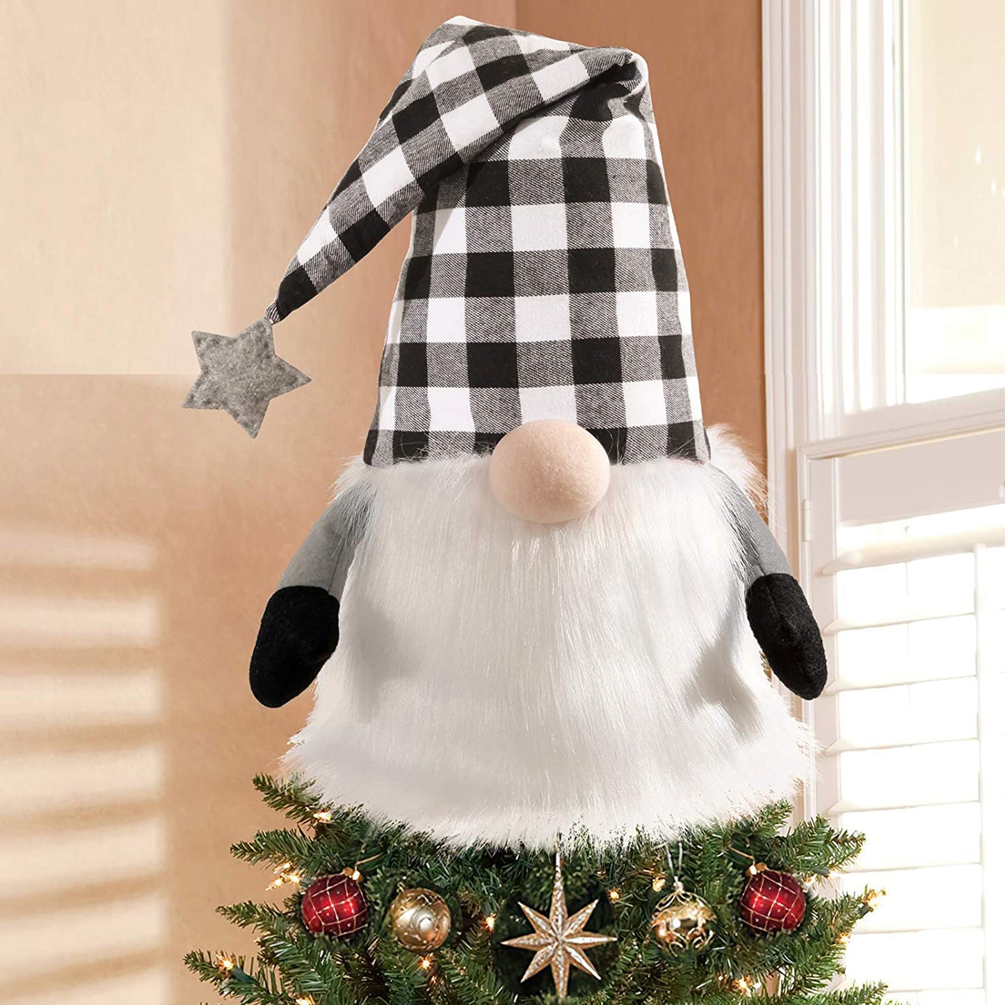 27" Black And White Felt And Faux Fur Gnome Adjustable Height Tree Topper