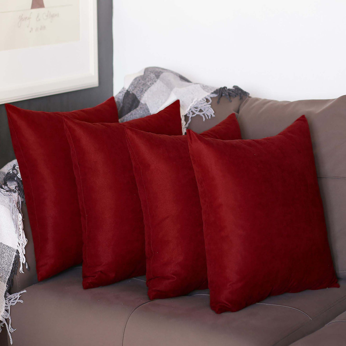 Set Of Four 20" X 20" Claret Red Polyester Zippered Pillow Cover