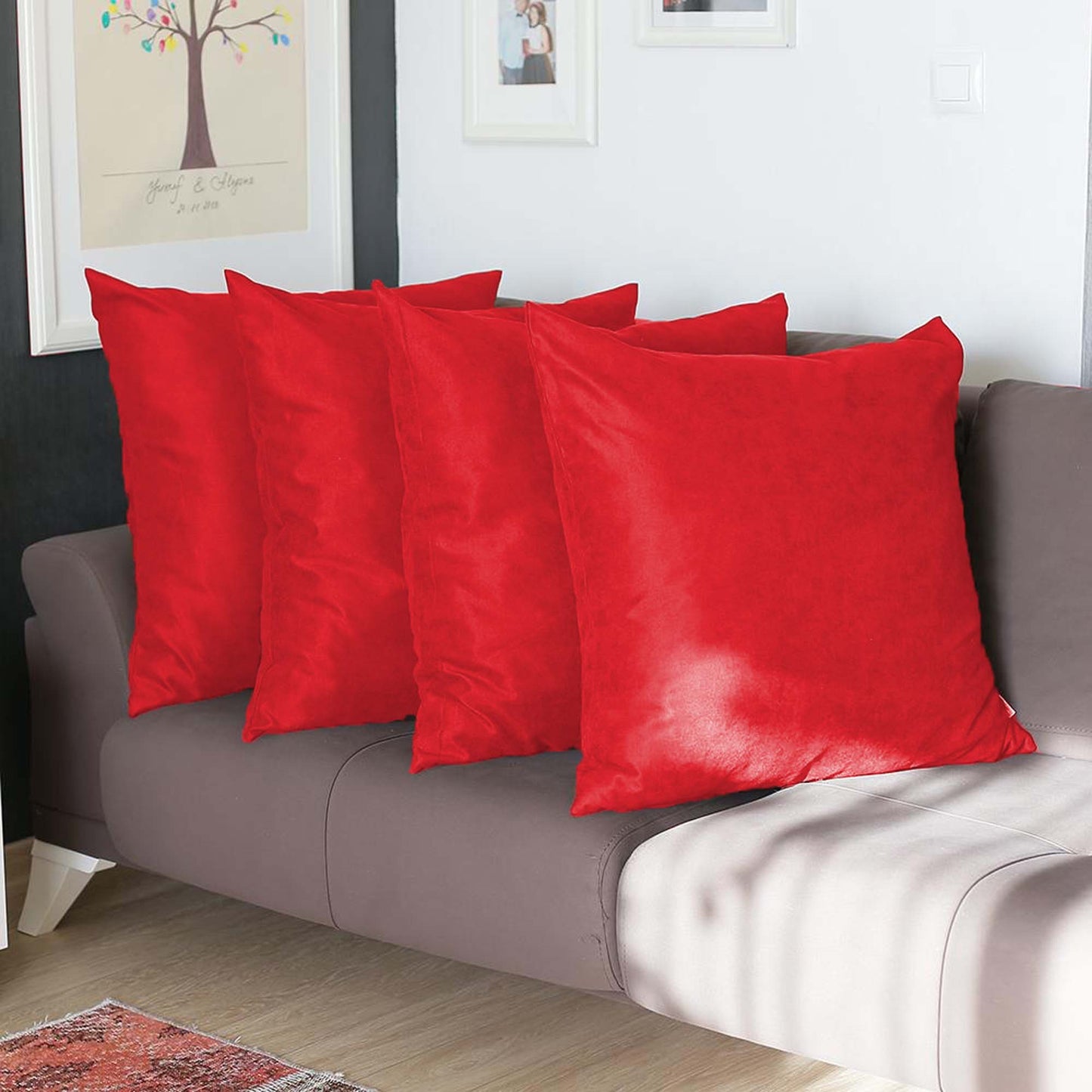 Set Of Four 22" X 22" Red Polyester Zippered Pillow Cover