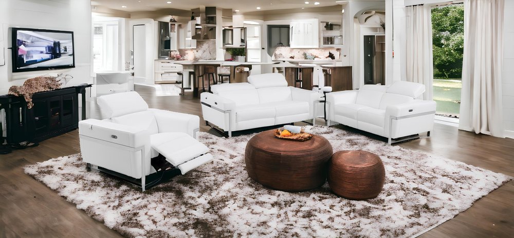 Three Piece White Italian Leather Six Person Seating Set