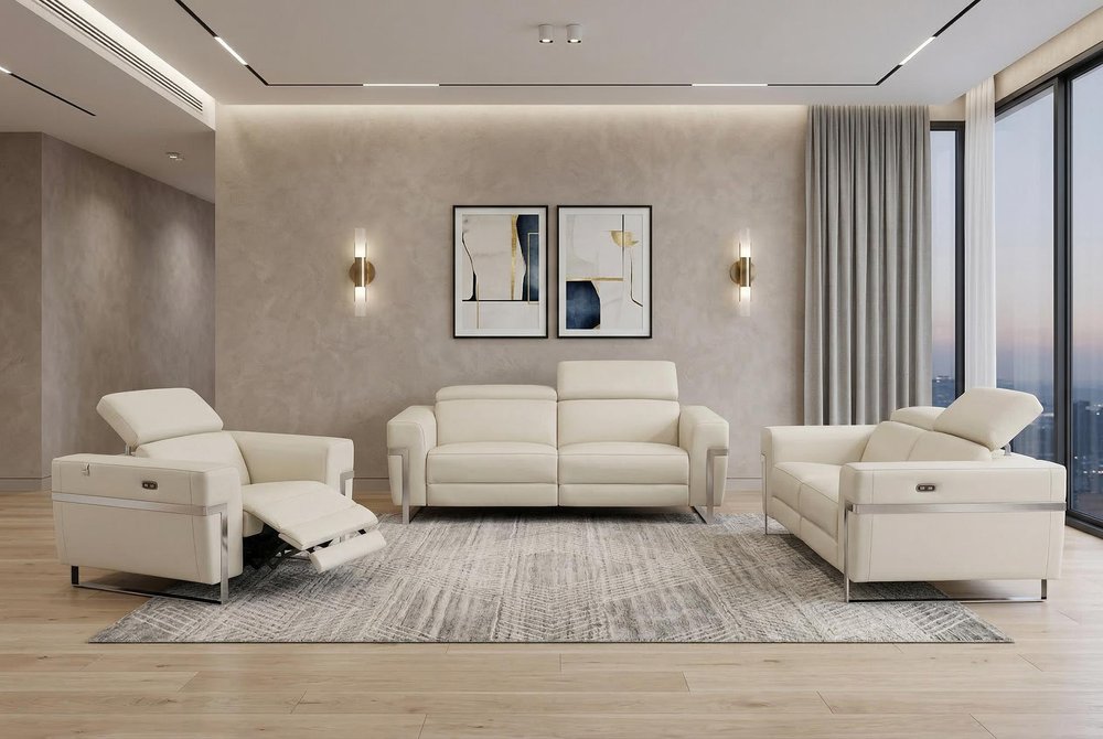 Three Piece Indoor Beige Italian Leather Six Person Seating Set