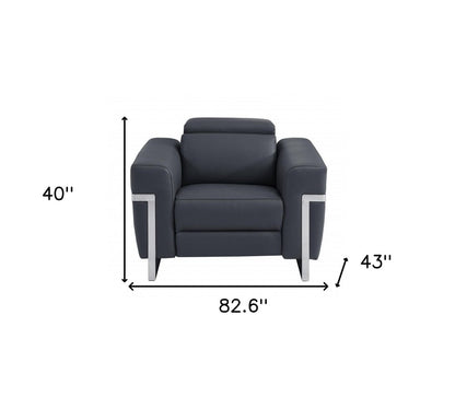 Three Piece Indoor Dark Gray Italian Leather Six Person Seating Set