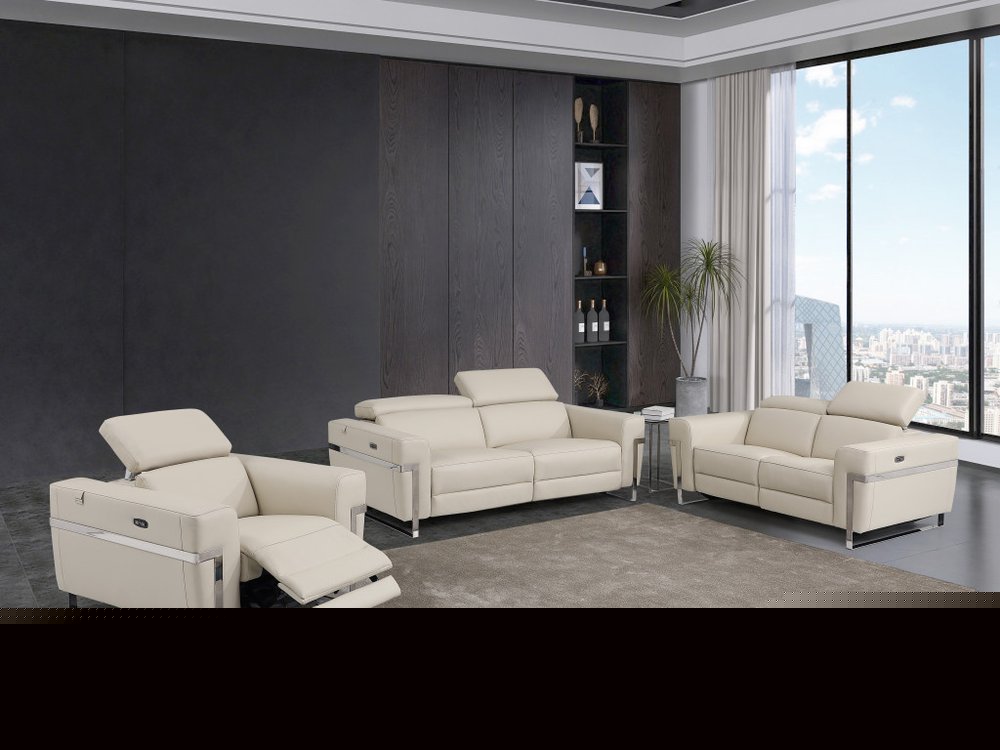 Three Piece Indoor Beige Italian Leather Six Person Seating Set