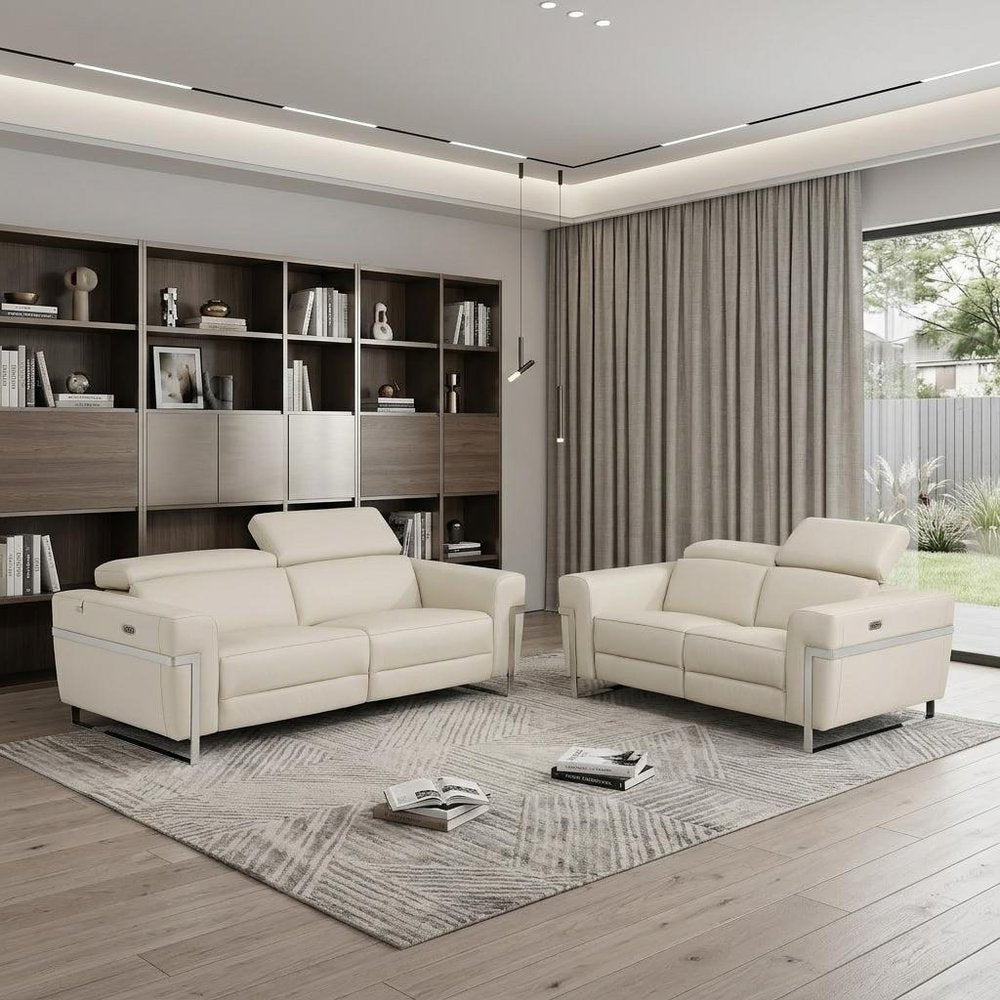 Two Piece Indoor Beige Italian Leather Five Person Seating Set