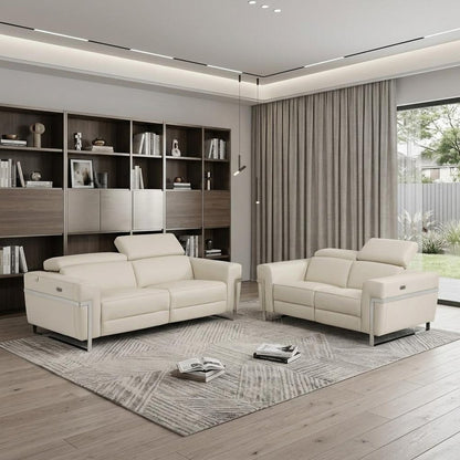 Two Piece Indoor Beige Italian Leather Five Person Seating Set