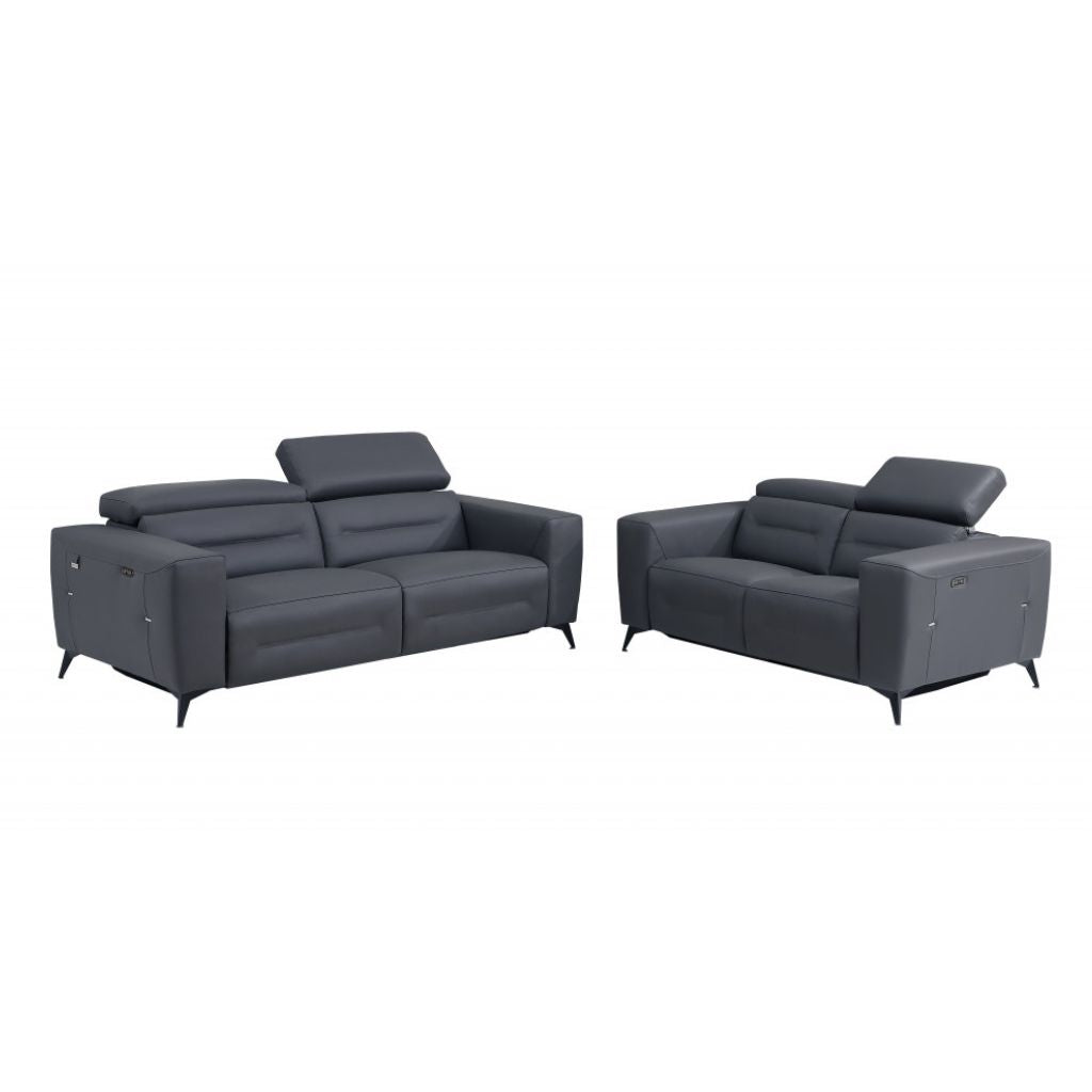 Two Piece Indoor Dark Gray Italian Leather Five Person Seating Set