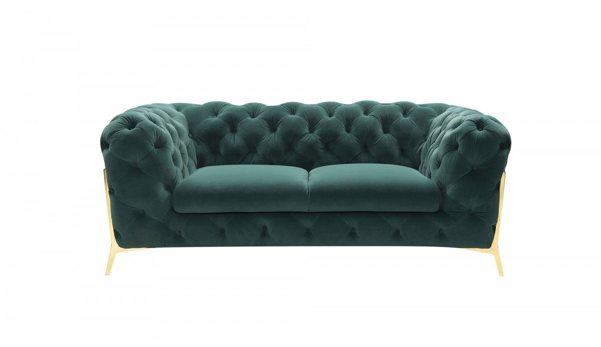 74" Emerald And Gold Velvet Loveseat