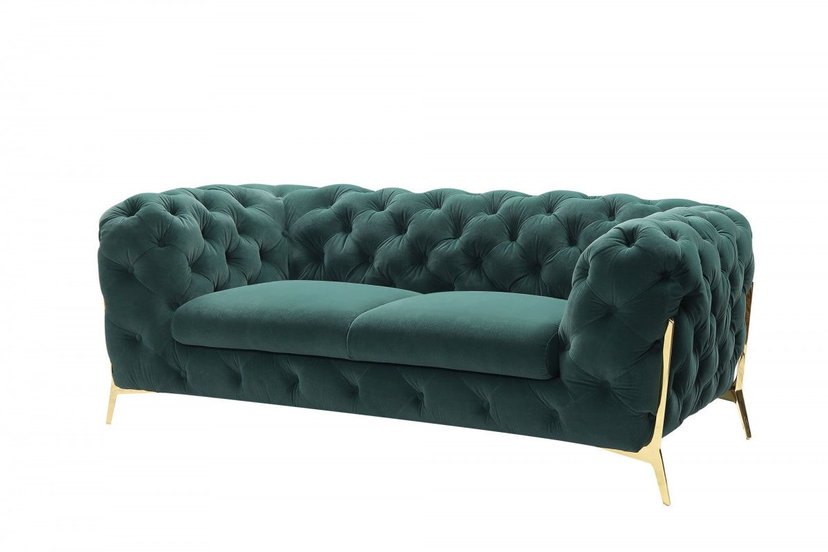 74" Emerald And Gold Velvet Loveseat