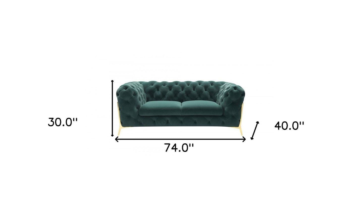 74" Emerald And Gold Velvet Loveseat