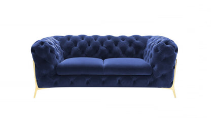 74" Blue And Gold Velvet Loveseat