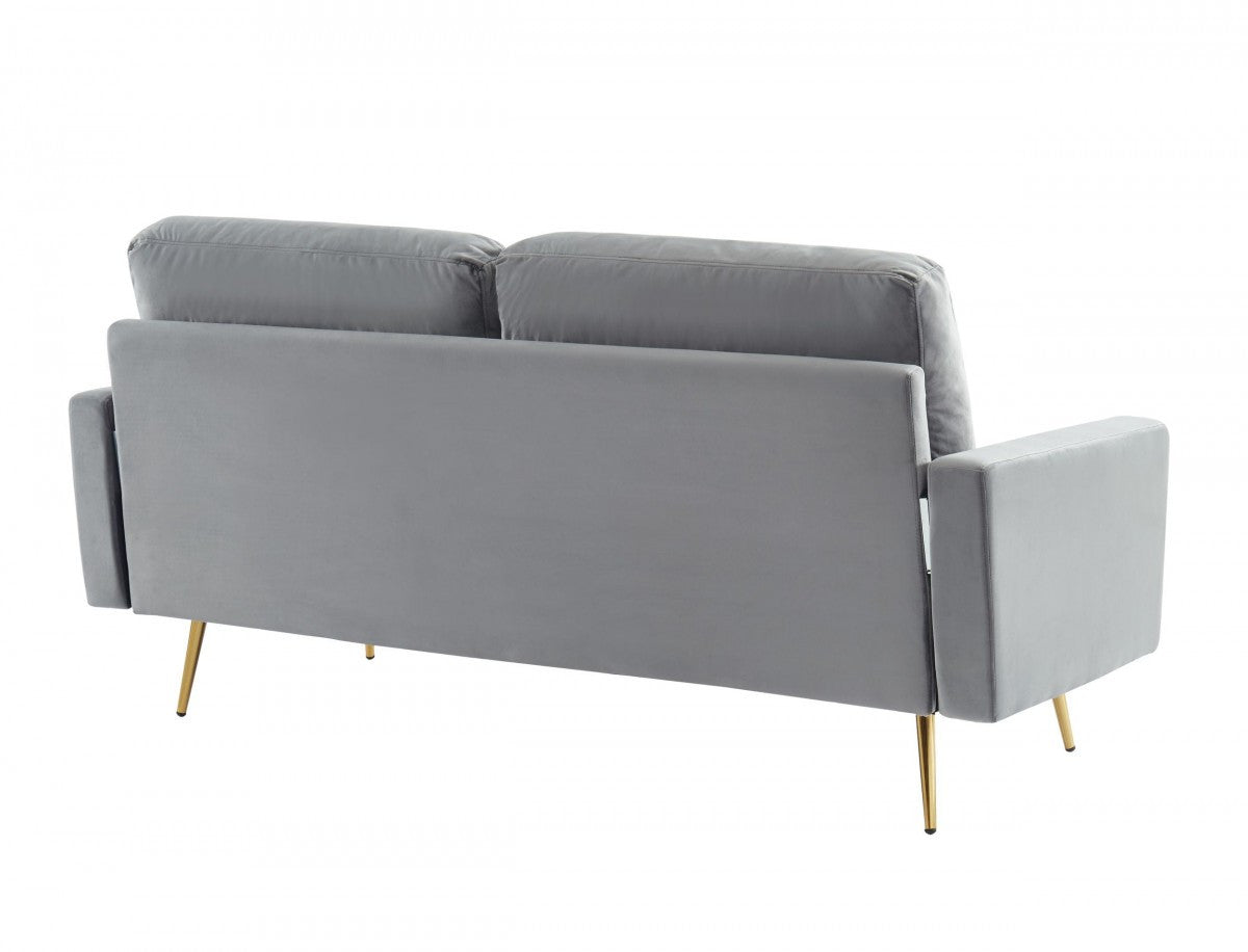 72" Gray Velvet Sofa With Brass Legs