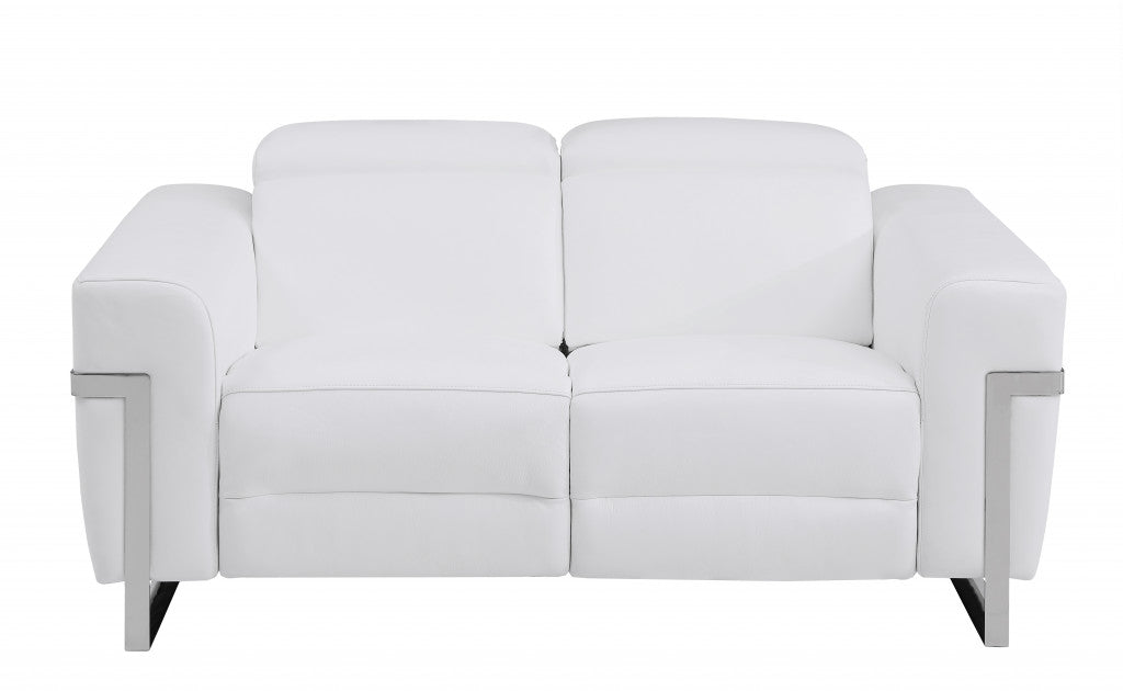 65" White And Silver Italian Leather Power Reclining Loveseat