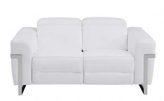 65" White And Silver Italian Leather Power Reclining Loveseat