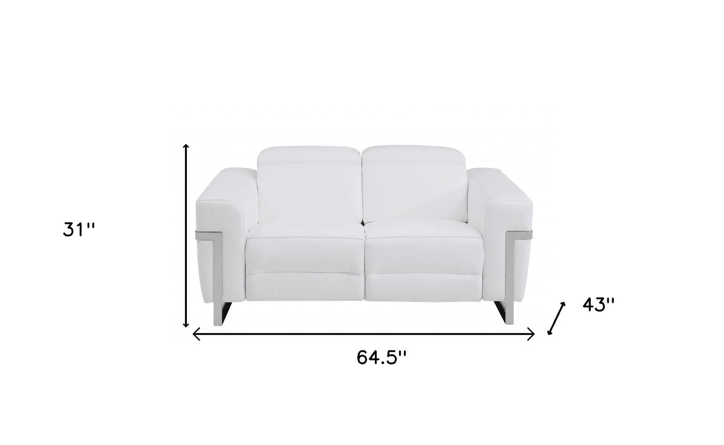 65" White And Silver Italian Leather Power Reclining Loveseat