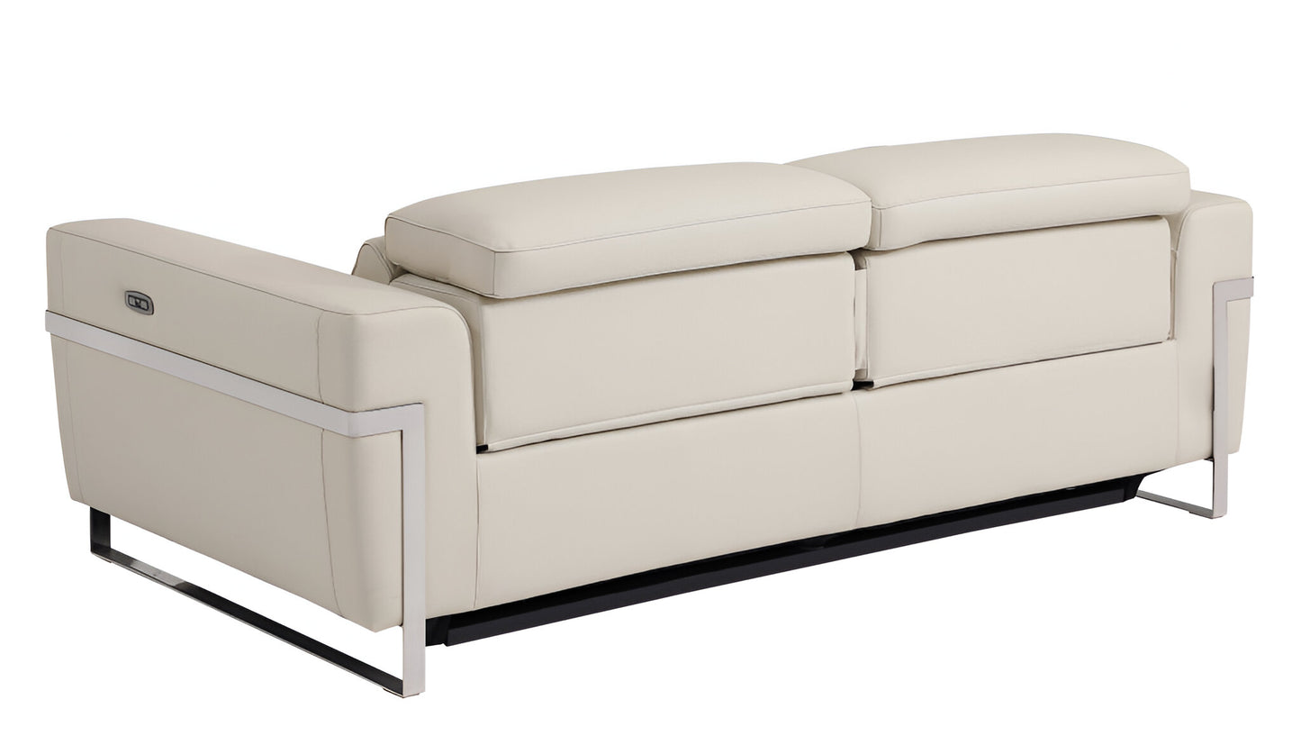 83" Beige Italian Leather USB Reclining Sofa With Silver Legs