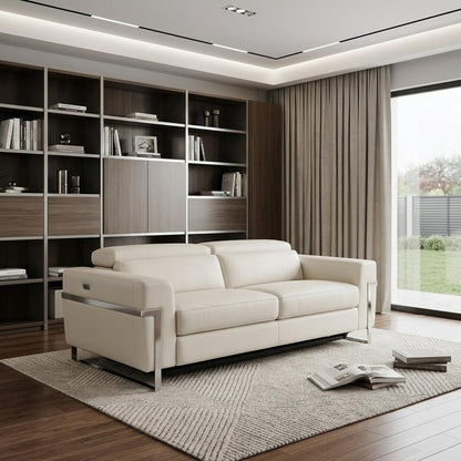 83" Beige Italian Leather USB Reclining Sofa With Silver Legs